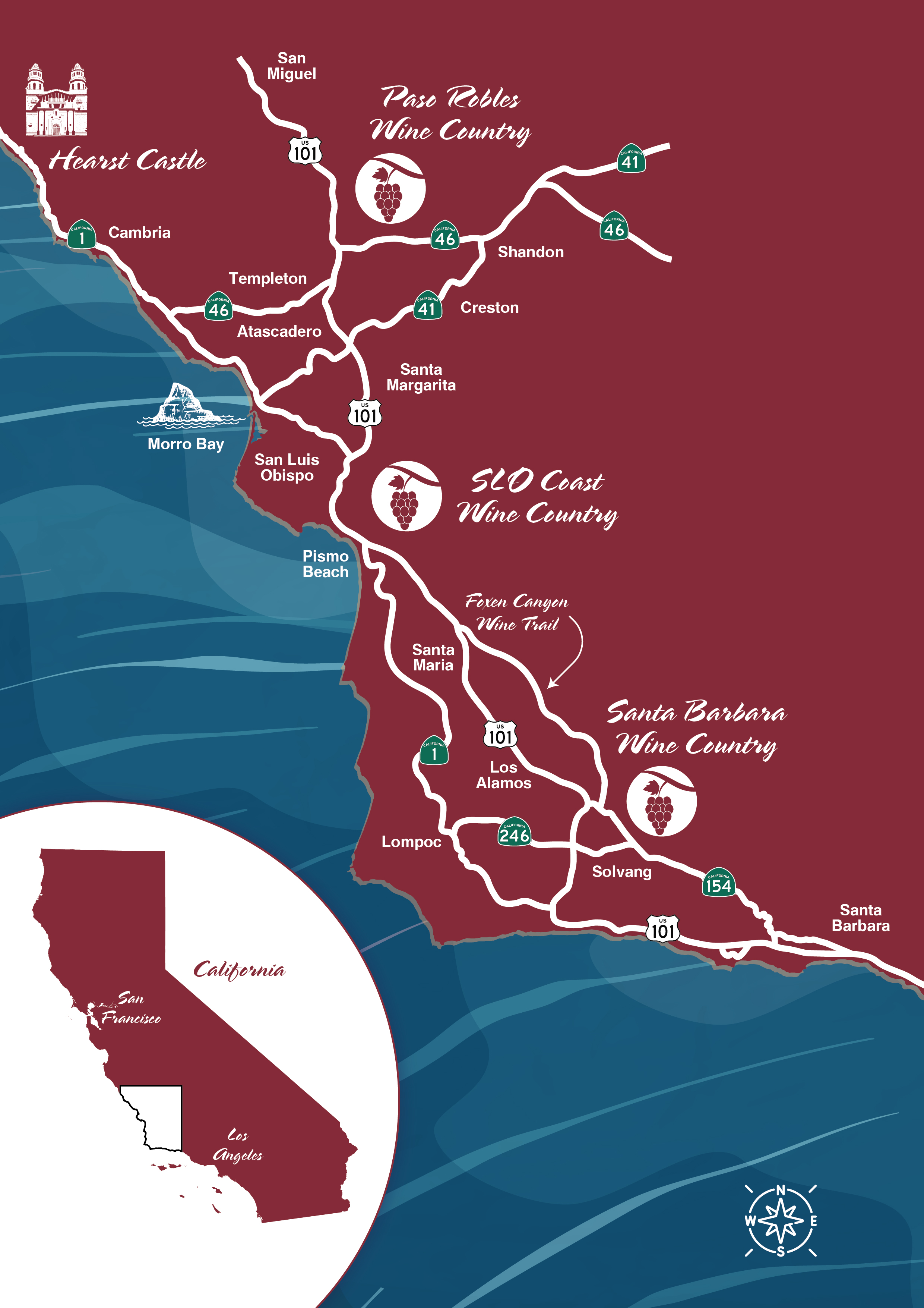Wine regions of the Central Coast of California, from Paso Robles to Santa Barbara including Hearst Castle