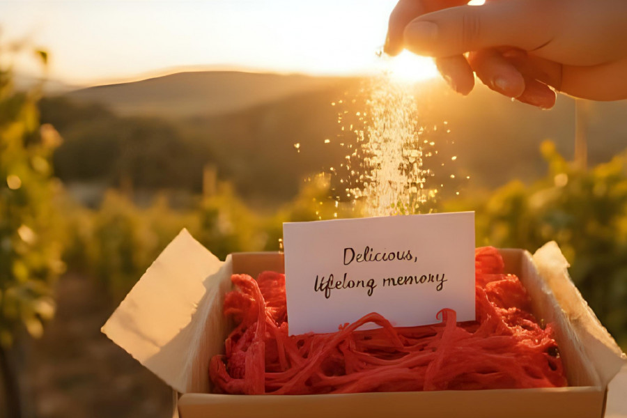 Gift Box with Magic being sprinkled in with a sunet vineyard backdrop