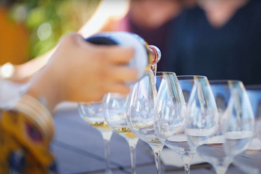 Wine Tasting Glasses with white wine being poured